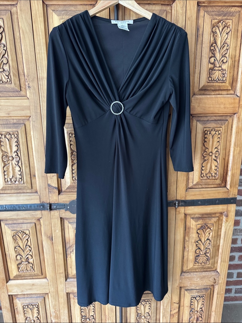 Evan Picone Black Long Sleeve V-Neck Dress with Ring Accent